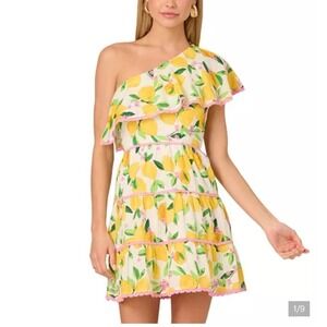 Adrianna Papell Lemon Print One Shoulder Swiss Dot Tiered Dress Womens 16 Pink